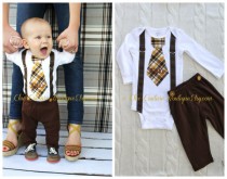 wedding photo - Baby Boy Tie and Suspenders Bodysuit w Personalization & Chocolate Brown Pants w Buttons. Birthday Outfit. Spring Easter Plaid 