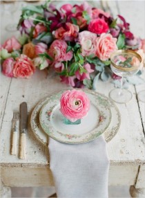 wedding photo - I Love Everything About This Table. Mis-matched China, Bright Ranunculus, Super Cool Flatware!