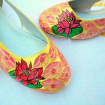wedding photo - Wedding Shoes Ballerina Flats lotus flower red orange pink chinese peacock feather art deco China