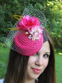wedding photo - Hot pink fascinator veil flower wedding hat LOVELY SARAH