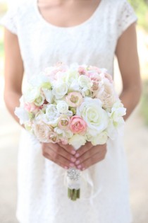 wedding photo -  Silk Bride Bouquet White Cream Pale Pink Roses and Peonies Shabby Chic Vintage Inspired Rustic Wedding Keepsake Bouquet