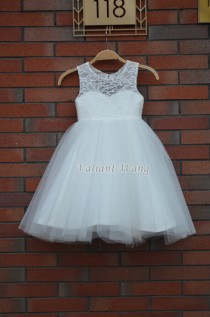 wedding photo -  Lovely Ivory Lace Flower Girl Dress Wedding Baby Girls Dress Tulle Rustic Baby Birthday Dress Knee Length