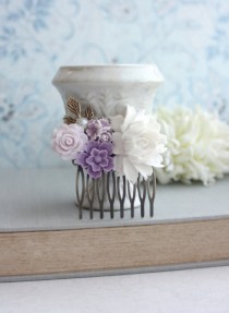 wedding photo - White Rose, Lavender, Lilac Purple, Ivory, Brass Leaf, Pearl Flower Collage Hair Comb. Bridesmaids Gift. Purple Wedding. Floral Hair Piece.