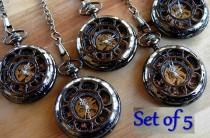 wedding photo - Set of 5 Pocket Watches with Chains Personalized Engravable Pocketwatch Groomsmen Gift for your Wedding Gunmetal Black