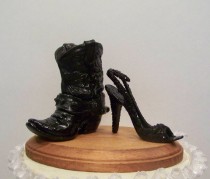 wedding photo - Wedding Cake Topper-Black Western Cowboy Boot with Black Glittered Stilleto-Grooms Cake Topper