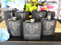 wedding photo - 6 Black Flasks - Groomsmen Gift Flask - Free Engraving - Tuxedo, Initials, Scroll, Mustache, and Monogram Designs