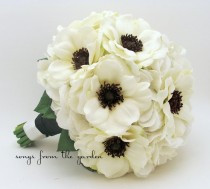 wedding photo - White Anemone Black Center Wedding Bouquet White Silk Hydrangea Groom Boutonniere - Silk Flower Black and White Wedding Bouquet