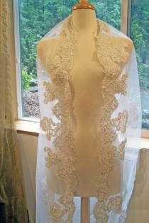 wedding photo - Handmade Custom Couture OOAK Chapel Veil-Hand Embroidered Applique Pearl and Lace Bridal Veil-Scallop Edging-CRBoggs Original Design