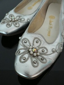 wedding photo - vintage 1960s mod silver shoes / 60s silver beaded rhinestone pearl heels / 60s wedding party shoes