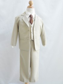 wedding photo - Khaki Boy Suits with Brown Formal Long Tie or Bow Tie for Toddler Baby Ring Bearer Easter Communion
