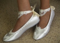 wedding photo - Bridal Victorian Flats White Shoes Fine US Lace pearls and crystals embellished - Wedding flat shoes Victorian