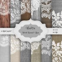 wedding photo - Rustic Wood, Canvas & LACE Digital Paper Pack - wood, canvas and vintage lace pattern backgrounds for wedding invitations bridal shower