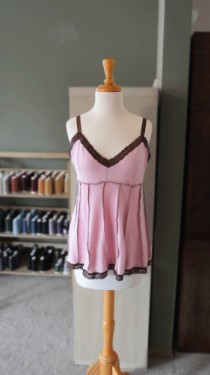 wedding photo - Cashmere Luxury Lingerie Pale Pink Women's Babydoll Teddy Sleepwear Lounge Soft Sexy Cozy Camisole Brown Lace Upcycled Size LargeBridal