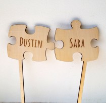 wedding photo - Puzzle Cake Topper, Two Puzzle Pieces Wedding Cake Toppers, Rustic Wooden Cake Topper, Personalized Cake Topper