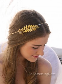 wedding photo - Grecian Gold Metal Leaf and Flower Headband with Rhinestones Gold Wedding Headpiece, Metal Headband for Adults, Leaf Hair Accessory