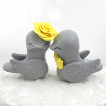 wedding photo - Lovebirds Wedding Cake Topper, Grey and Sunny Yellow, Bride and Groom Keepsake, Fully Customizable