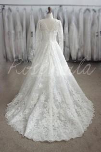 wedding photo - Wedding Dress Romantic Wedding Gown Long Sleeve Dress: MONI Lace Ivory White Aline Princess Gown Custom Size