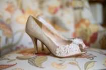 wedding photo - Wedding shoes gold champagne silver metallic peep toe high heels vegan bridal shoes embellished with floral ivory Venice lace