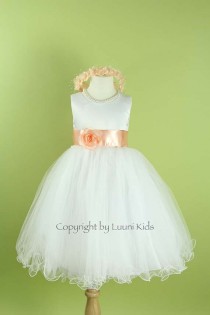 wedding photo - Flower Girl Dress - WHITE Wavy Bottom Dress with PEACH Sash - Communion, Easter, Junior Bridesmaid, Wedding - From Toddler to Teen (FGWBW)