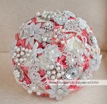 wedding photo - Brooch bouquet. Coral and Ivory wedding brooch bouquet, Jeweled Bouquet.