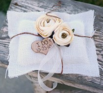 wedding photo - Rustic Ring Bearer Pillow Personalized Wood Heart Burlap Roses ranunculus