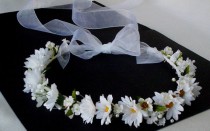 wedding photo - Wedding hair accessories Bridal Flower Halo Headpiece Veil alternative silk flower crown White daisies pearls flower girl circlet EDC fest