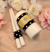 wedding photo - Polka Dots Unity Candle 3 Piece Set....You Choose The Ribbon Colors...shown with yellow accent