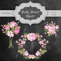 wedding photo - Shabby Flowers Digital Clip Art - Vintage flower bouquet & frame transparent background for scrapbooking, wedding invitations