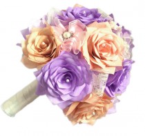 wedding photo -  Rose gold Bridal party bouquet package, Rose gold and lavender wedding bouquets, Paper Bouquet, Pearl Brooch bouquets, Satin ribbon bouquet