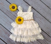 wedding photo - Sunflower Flower Girl Dress-Sunflower Wedding-Sunflower Dress-Country Flower Girl Dress-Rustic Flower Dress-Sunflower Headband