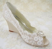wedding photo - Wedding Shoes, Peeptoe Bridal  Shoes, Rhinestone Wedge Shoes, Bridesmaid Shoes, Champagne Floral Pattern Lace Shoes, Ivory Lace Wedge Shoes