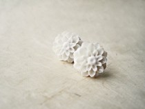 wedding photo - White Flower Earrings. Large Floral Resin Dahlia Post Earrings. Simple Romantic Bridal Jewelry. Cute Rustic Style Mum Post Earrings.