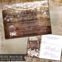 wedding photo - Rustic Mason Jar Wedding Invitation - Wood with flicker handing lights of mason jars and flowers - DIY Country Wedding Invitations