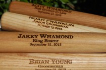 wedding photo - 3 Personalized Groomsmen Gifts, Custom Engraved Wood Baseball Bat with Ring Bearers Name, Date and Special Message