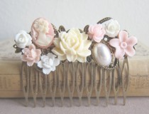 wedding photo - Wedding Hair Comb Bridesmaid Gift  Pink Blush Cream Ivory Soft Pastel Colors Flower Floral Shabby Chic Country Bridal Hair Accessories