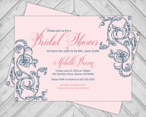 wedding photo - Printable bridal shower invite - coral and navy wedding shower invitation - polkadots and flourishes (608)
