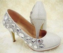 wedding photo - Wedding Shoes, Rhinestone Bridal Shoes, High Heel Rhinestone Shoes for Wedding, Bridesmaids, Shows, Silver Prom Shoes, Crystal Evening Shoes