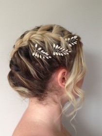 wedding photo - Fern Leaf Pearl Hair Pins,Fern Leaf Bridal Hair Pins, Wedding Hair Accessories, Bridal Headpiece, Set of Three
