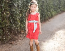 wedding photo - Coral Flower Girls Dress with Aqua Sash by Everything Ruffles - Wide Straps/Cap Sleeves, 1 Inch Ruffles