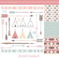 wedding photo - Arrows, Teepee Tents and tribal digital papers - Indian Clip art for scrapbooking, wedding invitations, Personal and Small Commercial Use.
