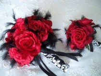wedding photo - Red Silk Rose Damask Bridal Bouquet Set