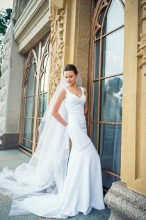 wedding photo -  Long Wedding Dress with Train, White Long Wedding Dress with Open Back, Crepe Wedding Gown L14
