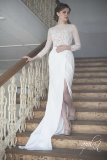 wedding photo -  Long Wedding Dress, White and Nude Wedding Dress, Crepe and Lace Dress L10