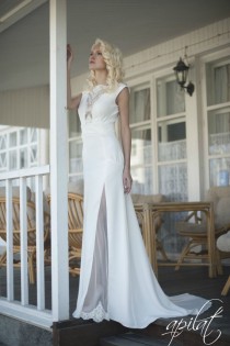wedding photo -  Long Wedding Dress, Ivory Wedding Gown With Open Back, Crepe and Tulle Dress with Handmade Embellishments, Wedding Dress with Train L16