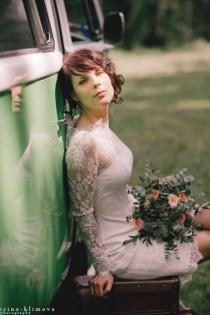 wedding photo -  Fitted Style Short Wedding Dress, Short Lace Wedding Dress, Short Wedding Dress with Sleeves, Short Lace Wedding Gown with Sleeves, M38