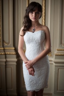 wedding photo -  Fitted Style Lace Short Wedding Dress, White Short Wedding Gown, Strapless Short Wedding Dress with lacing,Lace Wedding Dress M30