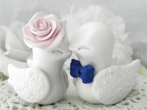 wedding photo - Lovebirds Wedding Cake Topper, White, Blush Pink, Navy Blue, Bride and Groom Keepsake, Fully Customizable
