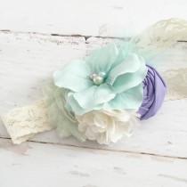 wedding photo - lavender cream seafoam aqua light green flower chiffon headband-wedding flower girl headband-spring easter headband
