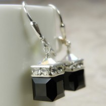 wedding photo - Black Cube Earrings, Onyx Swarovski Crystal, Sterling Silver, Drop, Dangle, Modern Wedding Jewelry, Bridesmaid Earrings, Handmade Jewelry