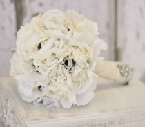 wedding photo - Silk Bride Bouquet Cream and White Shabby Chic Vintage Inspired Rustic Wedding